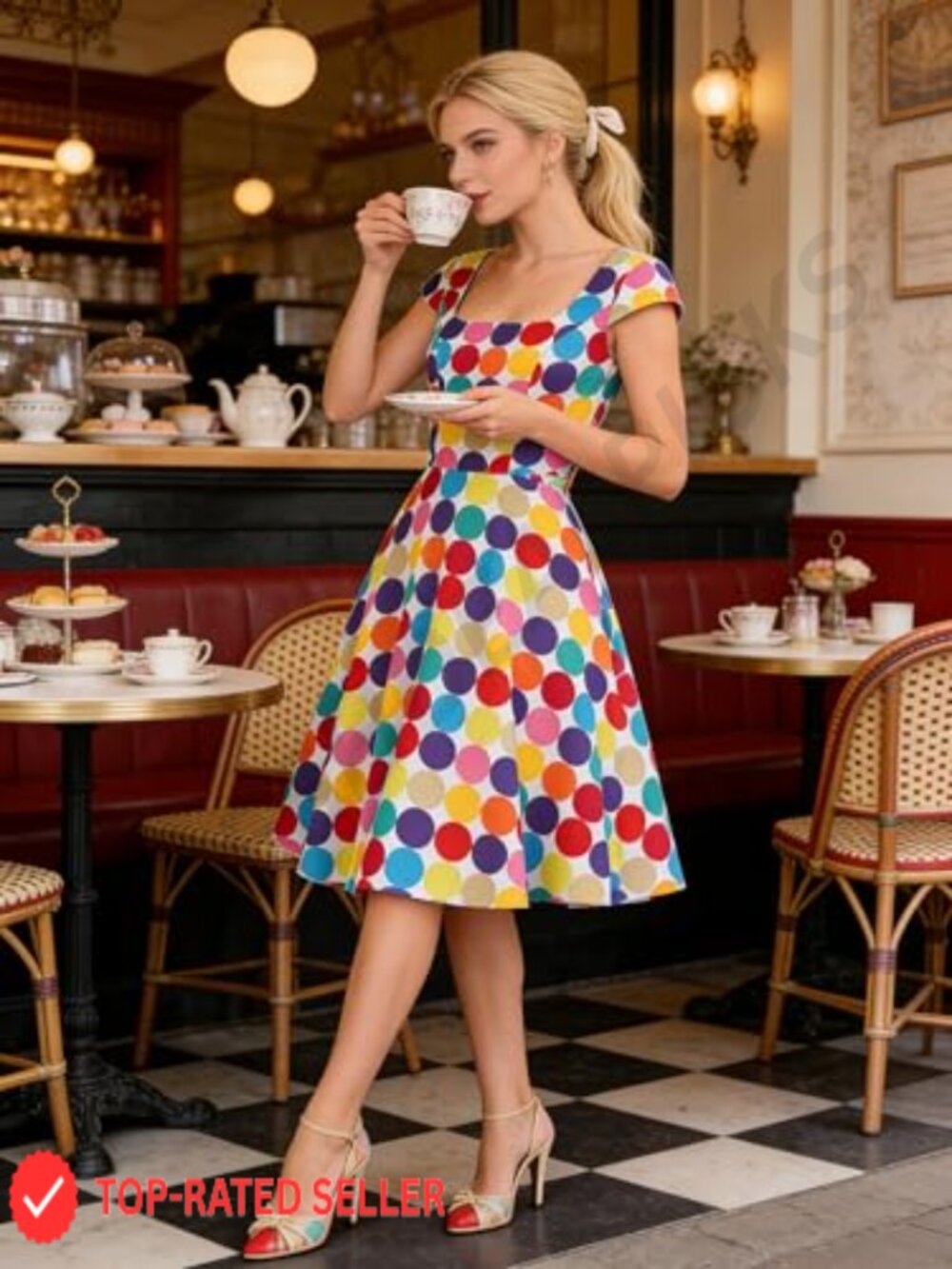 Cap Sleeve Retro Swing Dress with Pockets Cocktail Party Wear 1950s Style A-Line - Picture 5 of 7